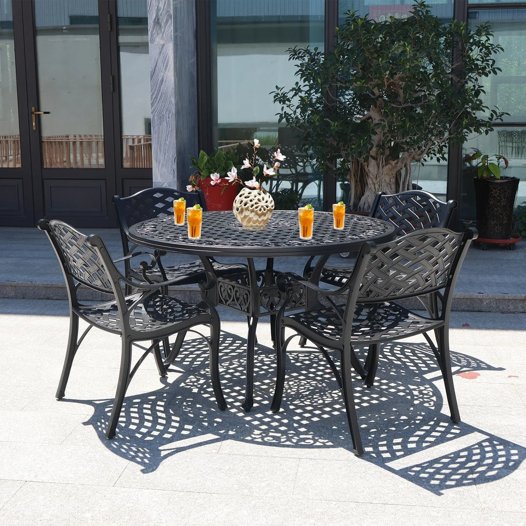 48 Inch Outdoor Dining Table Round Patio Bistro Table Powder-Coated Cast Aluminum Frame Patio Dining Table Garden Table with Umbrella Hole (Black)