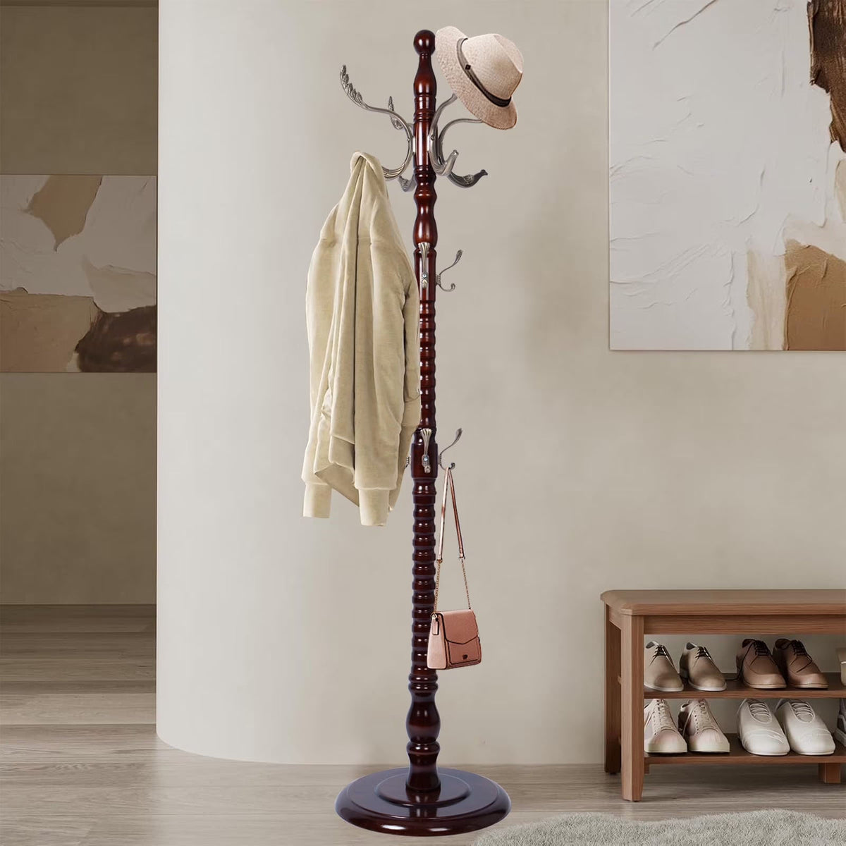 Coat Rack Freestanding, Hall Tree with 11 Hooks, Heavy Duty Wooden Coat Tree Stand, Adjustable Height, Sturdy Base for Bedroom Hallway Office - Load 270lbs