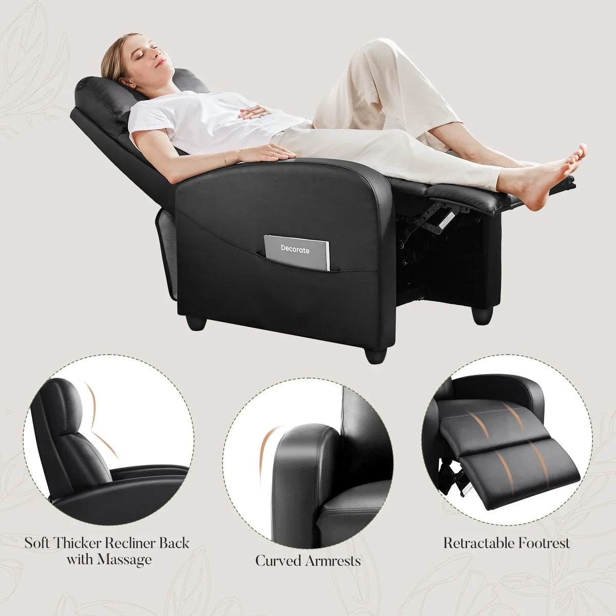 CONCETTA Massage Recline Chair with Padded Seat and Massage Backrest, Black