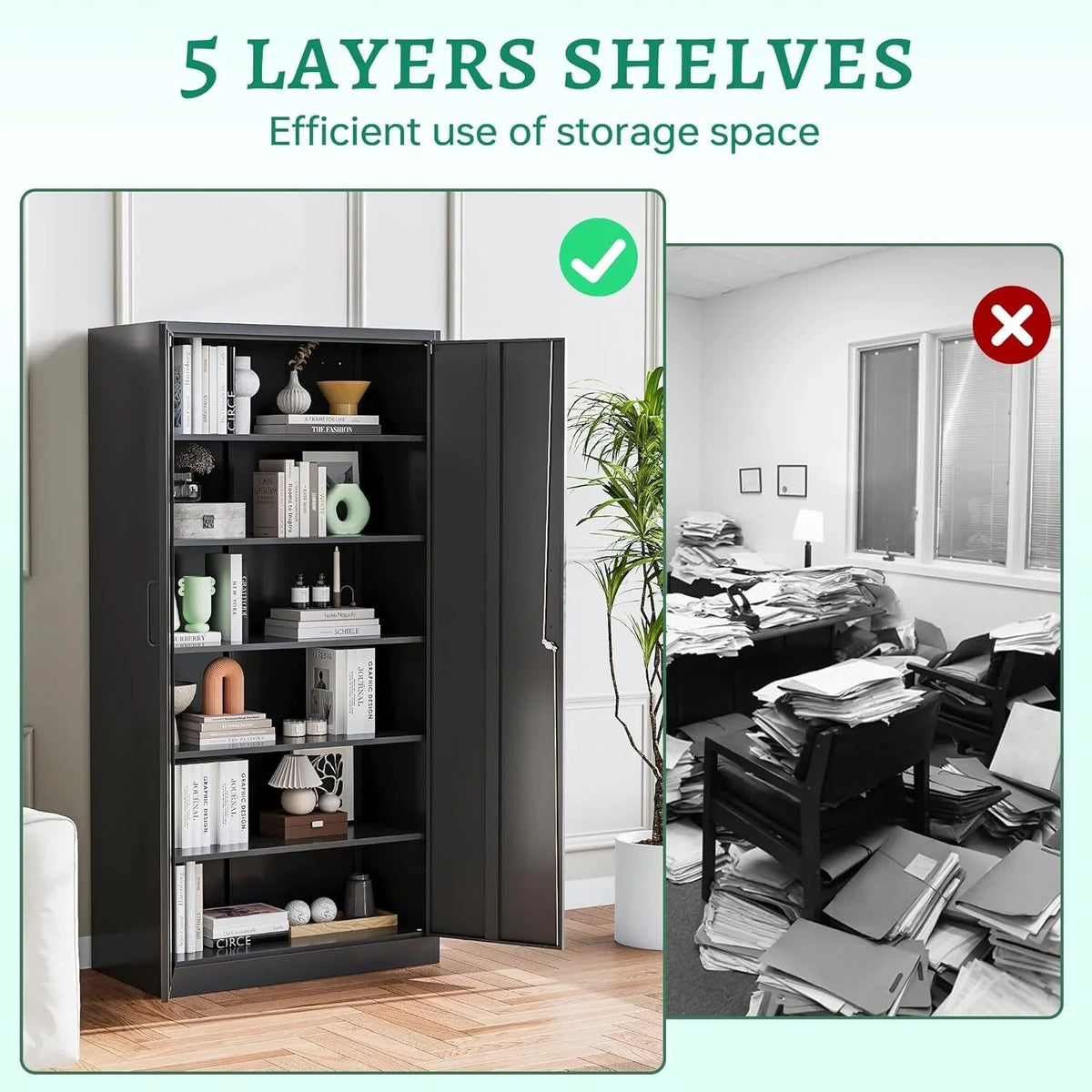 CQAOE 71" Metal Storage Cabinet with Lock, 5 Adjustable Shelves and 2 Doors, Steel Utility Cabinet for Garage, Office, Home, Gym, or School - Black
