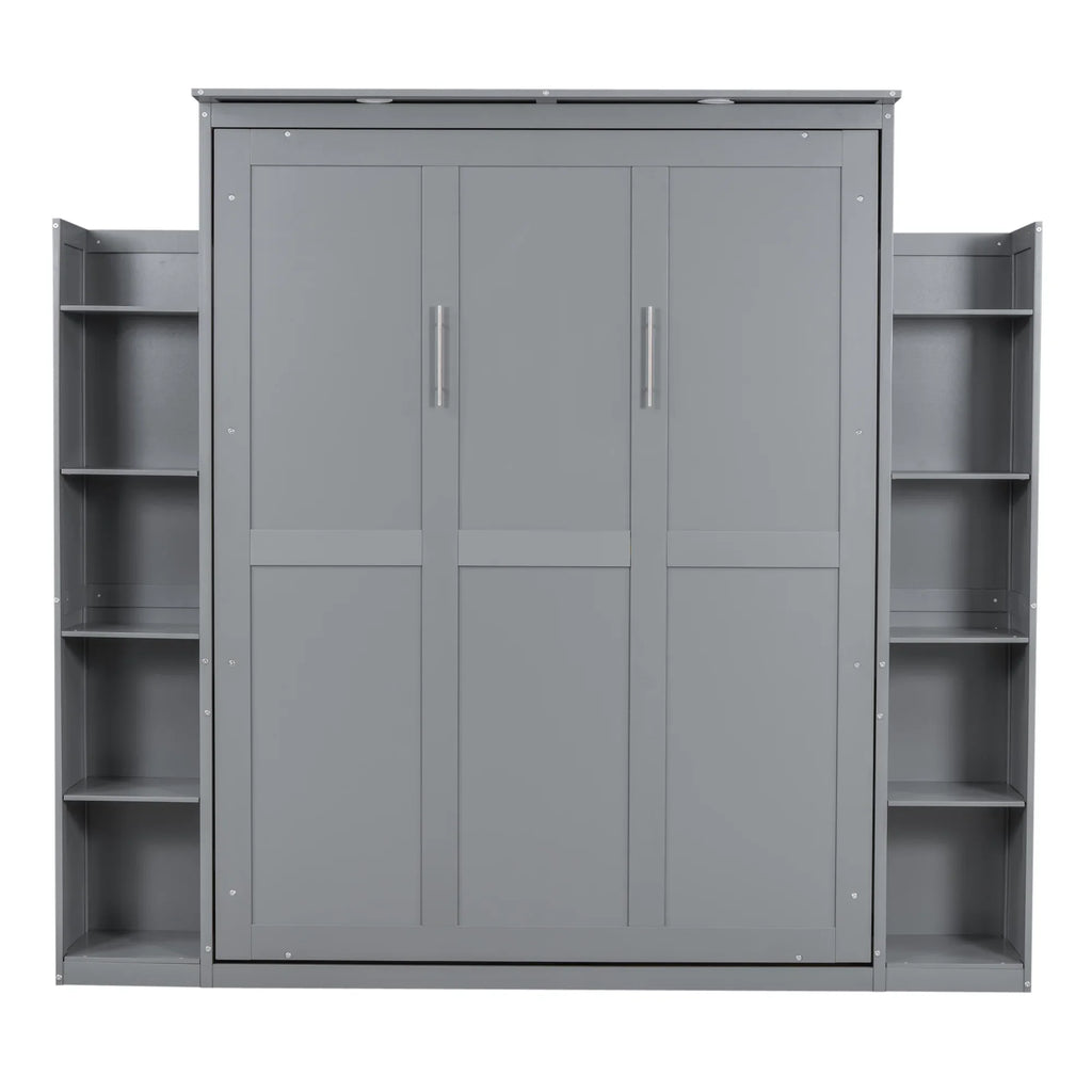 Aukfa Queen Size Murphy Bed with 5-Tier Storage Shelf & LED Lights, Foldable Wall Bed Cabinet with Mattress Support, Space-Saving Design for Guest Room/Home Office, Gray