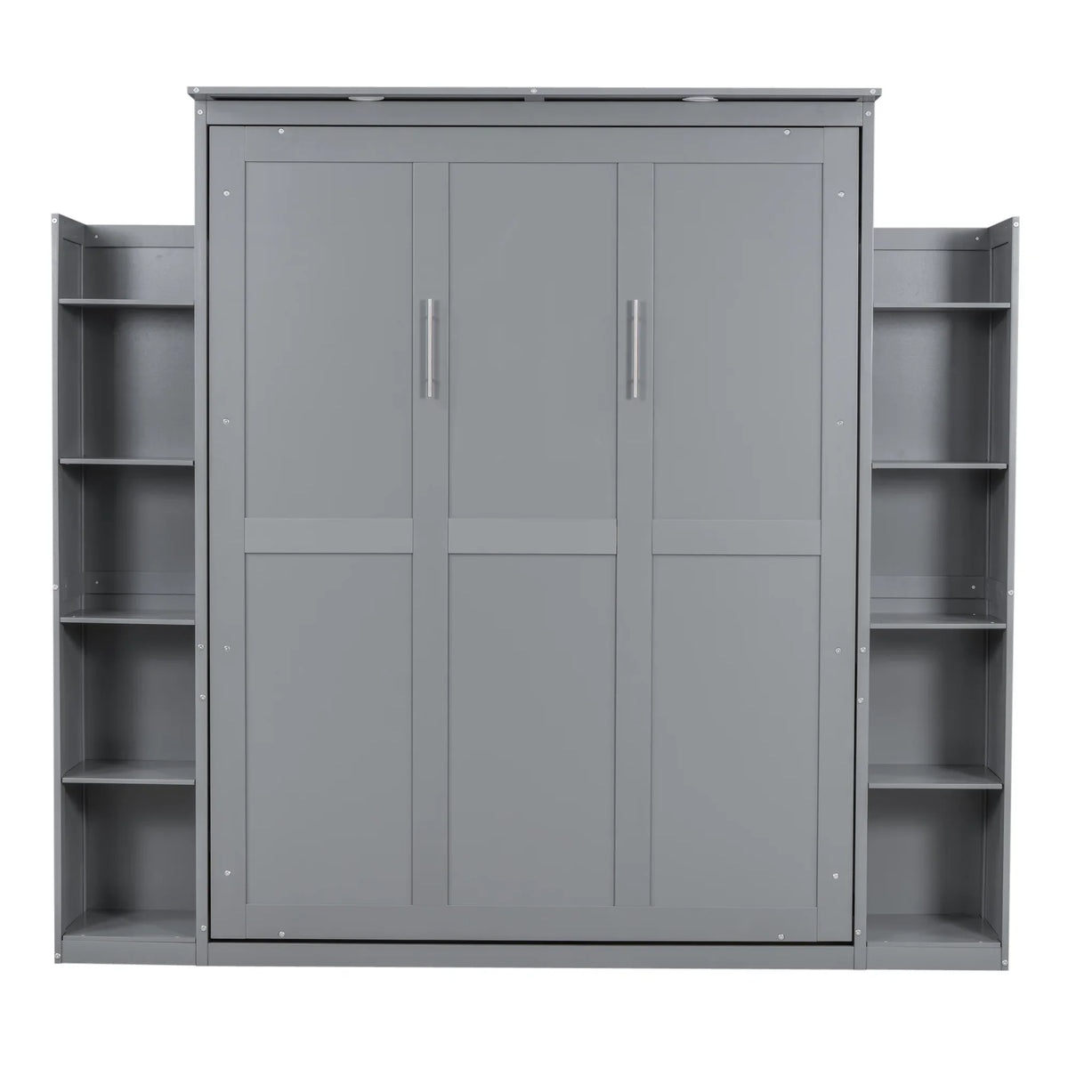 Aukfa Queen Size Murphy Bed with 5-Tier Storage Shelf & LED Lights, Foldable Wall Bed Cabinet with Mattress Support, Space-Saving Design for Guest Room/Home Office, Gray