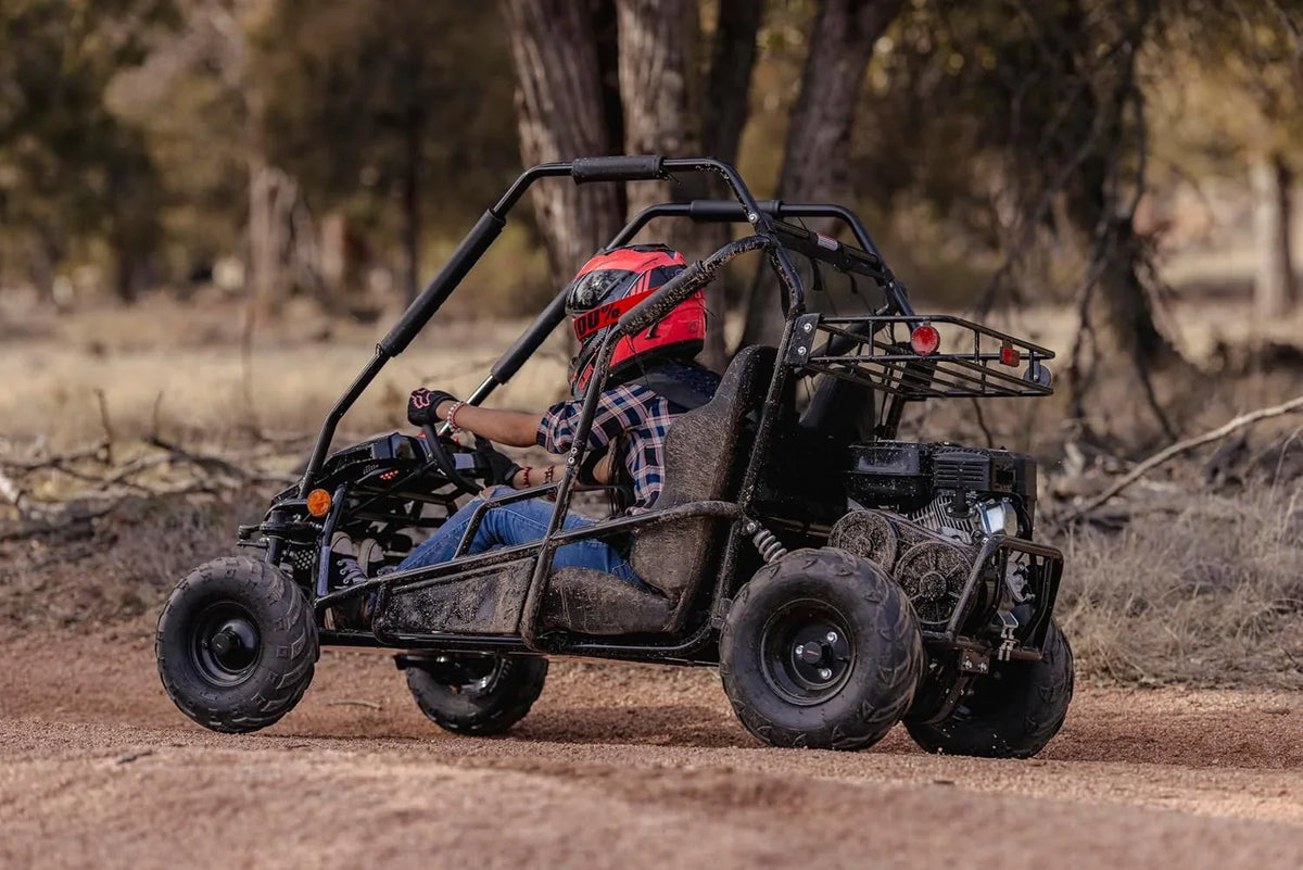 Coleman Powersports GK200 196cc Gas Powered Go-Kart, Two-Seater Off-Road Vehicle Up to 23 MPH, Rugged Suspension, Pull-Start Engine, Ages 13+, Red