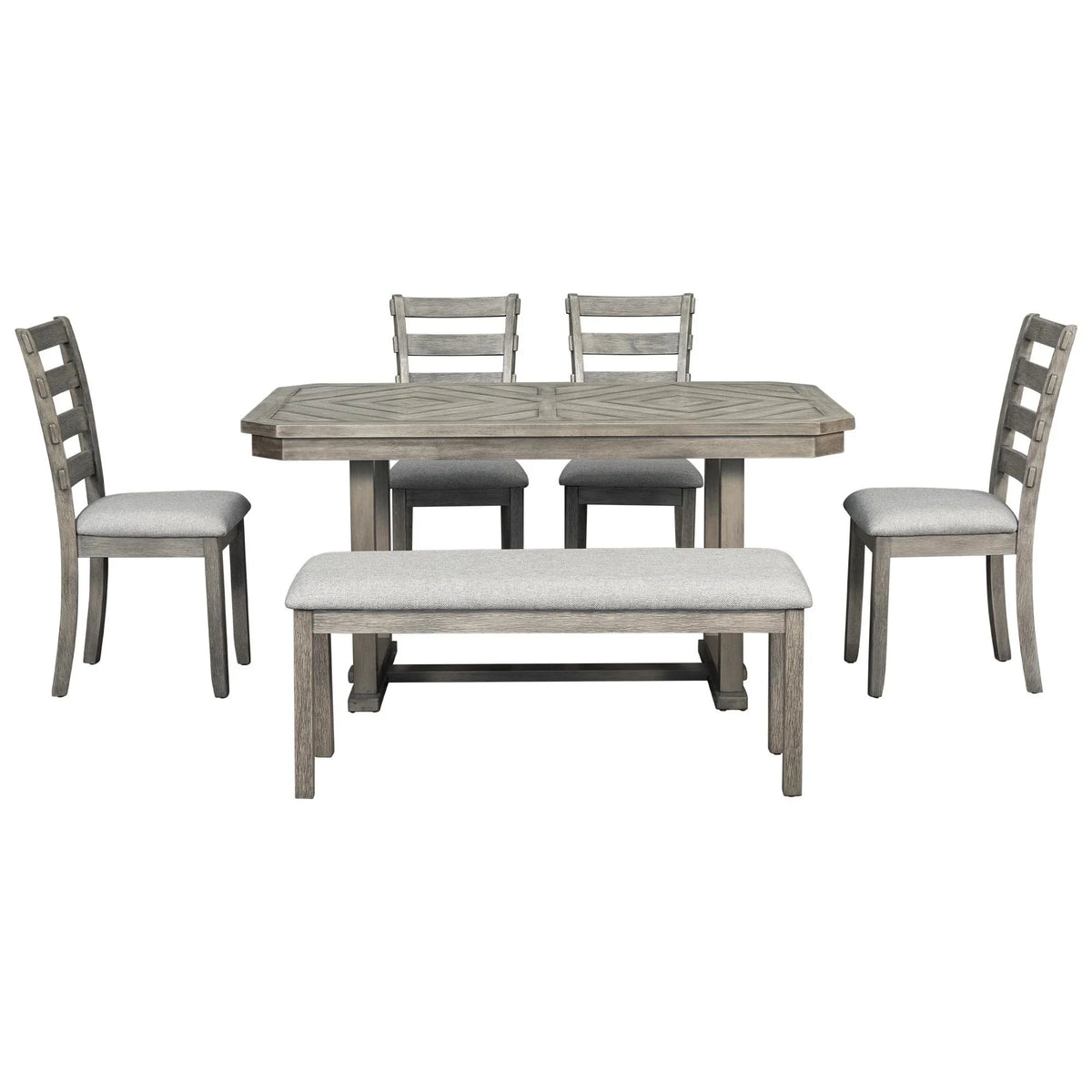 Bellemave 6-Piece Dining Table Set, Rubber Wood Rectangular Kitchen Table Set for 6, Farmhouse Dining Table Set with 4 Upholstered Chairs and Bench (Gray)