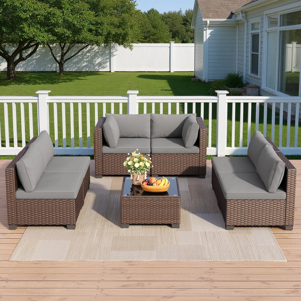 Aiho 7-Piece Rattan Patio Furniture Set , Outdoor Sectional Furniture Set for Patio, Garden, Backyard, Grey
