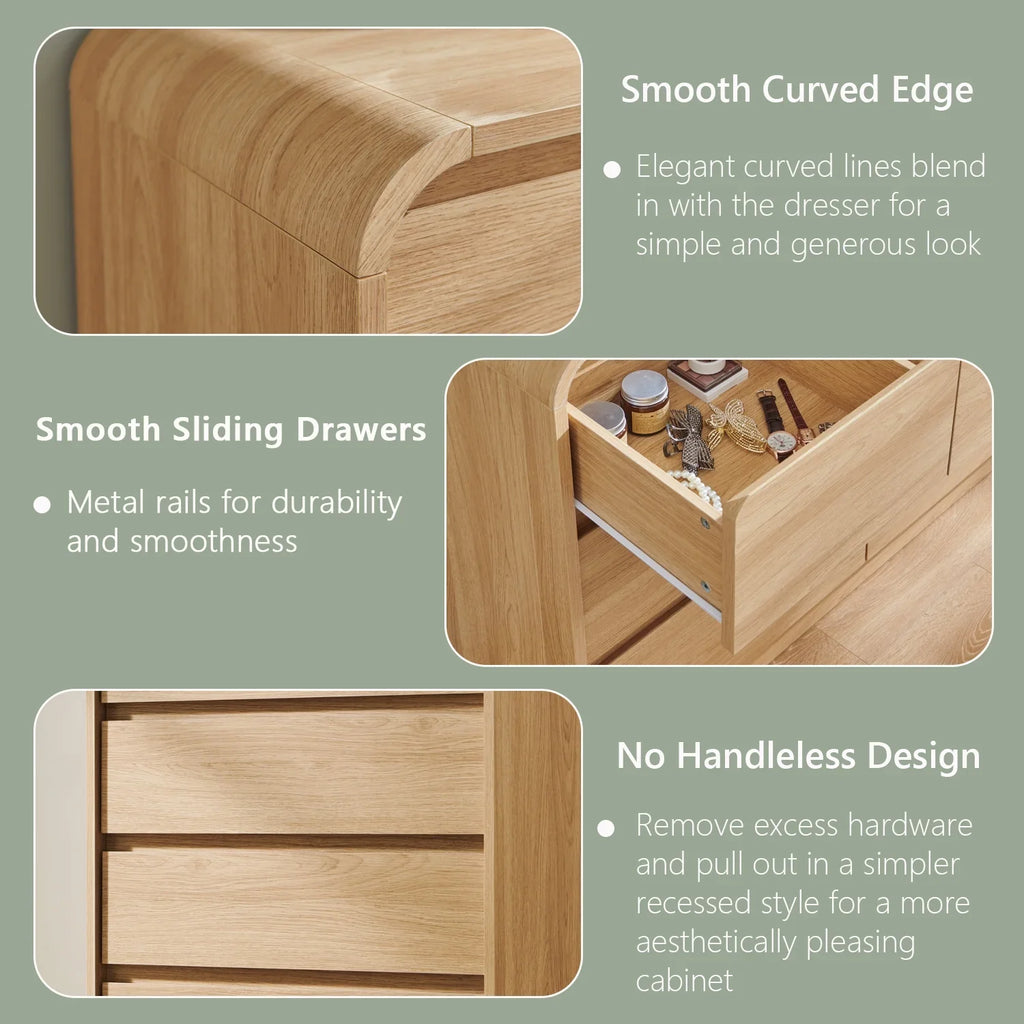 wow97e Modern 8 Drawers Dresser for Bedroom, 55" Wide Wood Chest of Drawers w/Curved Profile Design, for Bedroom, Living Room, Natural Oak