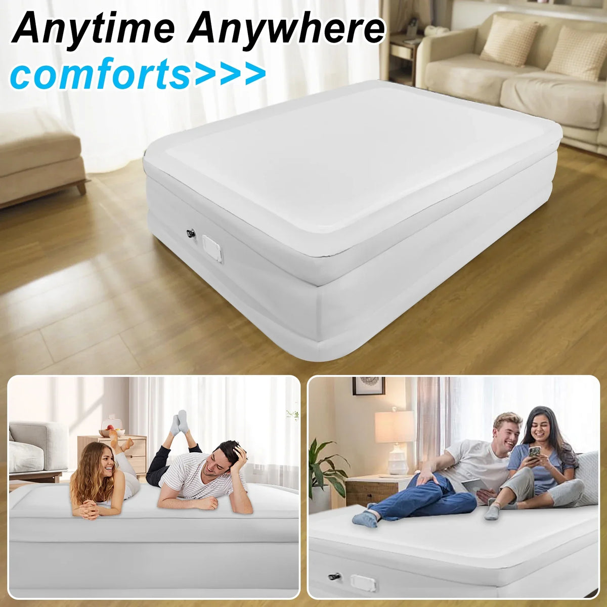 Air Mattress Queen with Built in Pump,Blow Up Mattress with Fiber-Tech, Inflatable Camping Bed, 3-Min Self Inflating with Carrying Bag (18��White Grey)