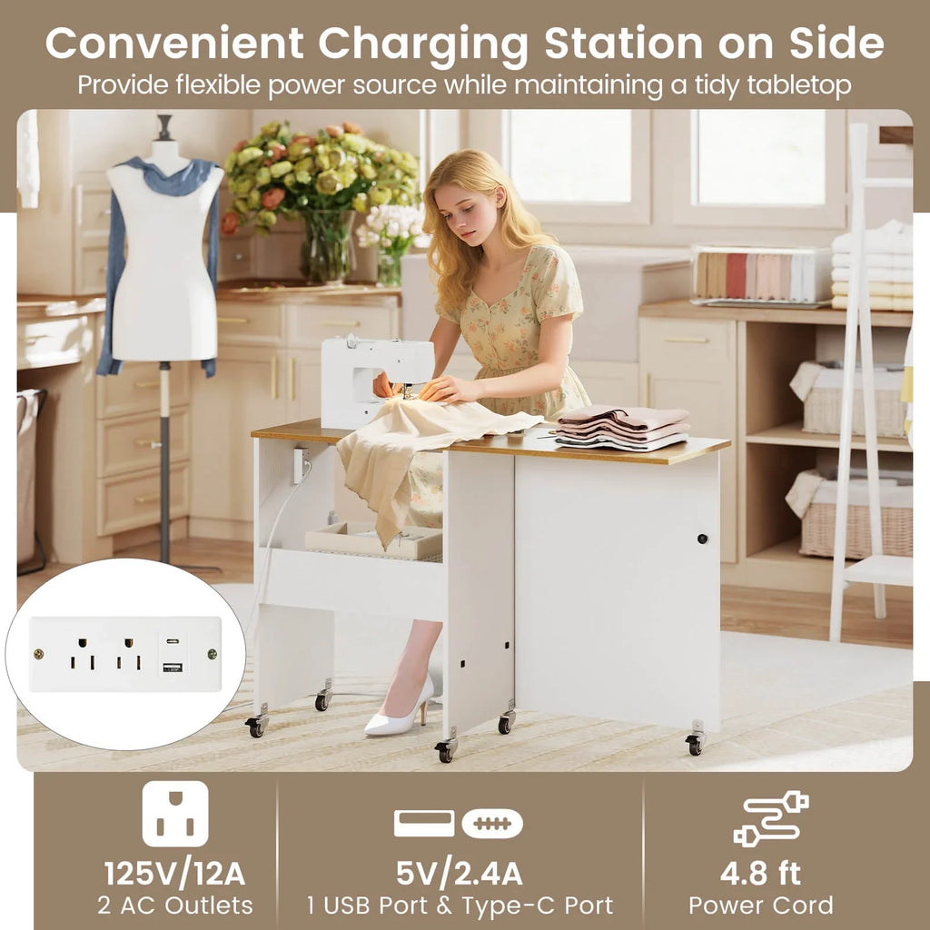 Costway Folding Sewing Table Rolling Craft Station with 3 Storage Bins & Charging Station White+natural
