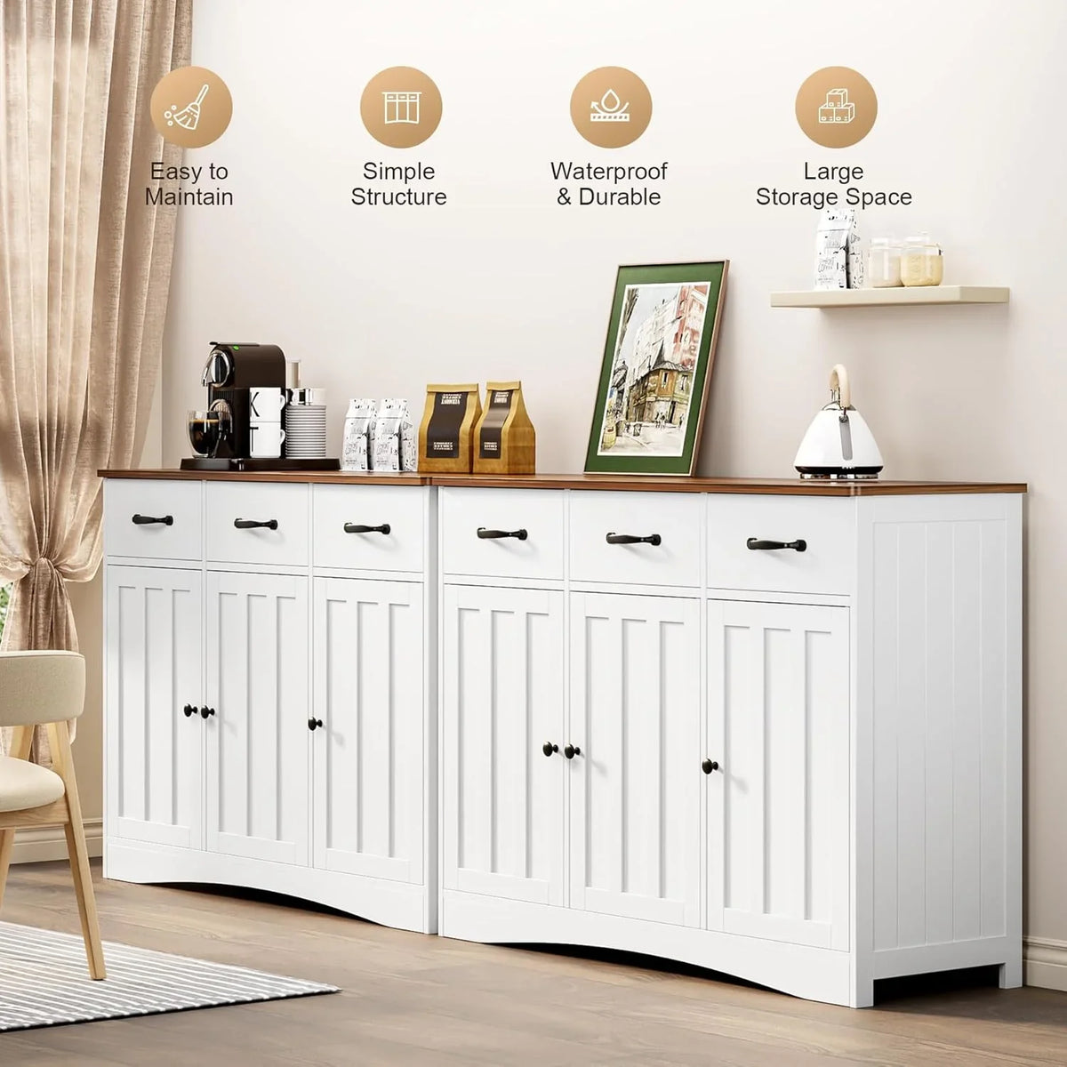 Coffee Bar Cabinet,Lofka Kitchen Storage Cabinet with 3 Drawers for Kitchen, Dining Room, Retro and White
