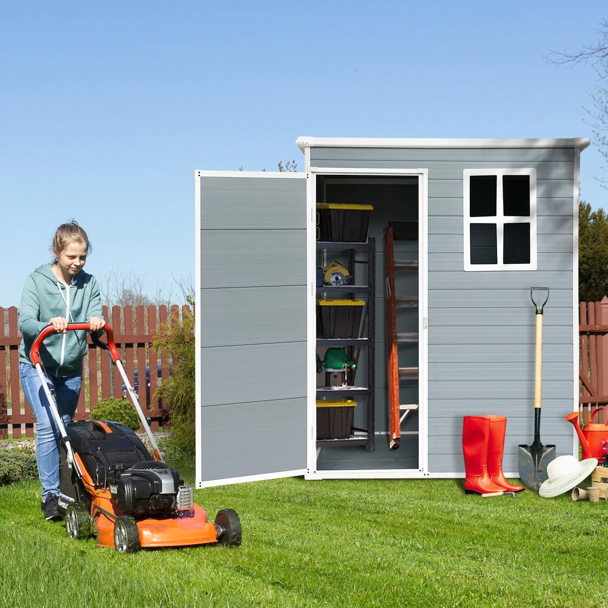 5'��3' Outdoor Storage Shed, Resin Storage Cabinet, Garden Tool Shed with Double Lockable Doors, Organizer Cabinet for Patio Yard, Gray