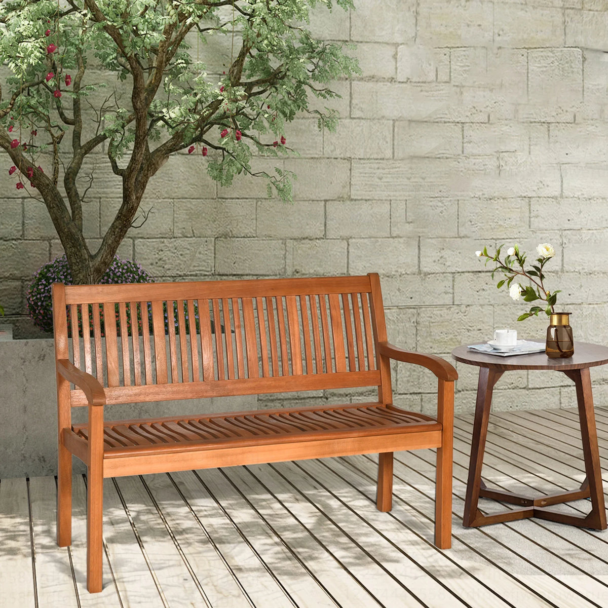 Costway 50'' Two Person Outdoor Garden Bench Loveseat Porch Chair Solid Wood W/Armrest