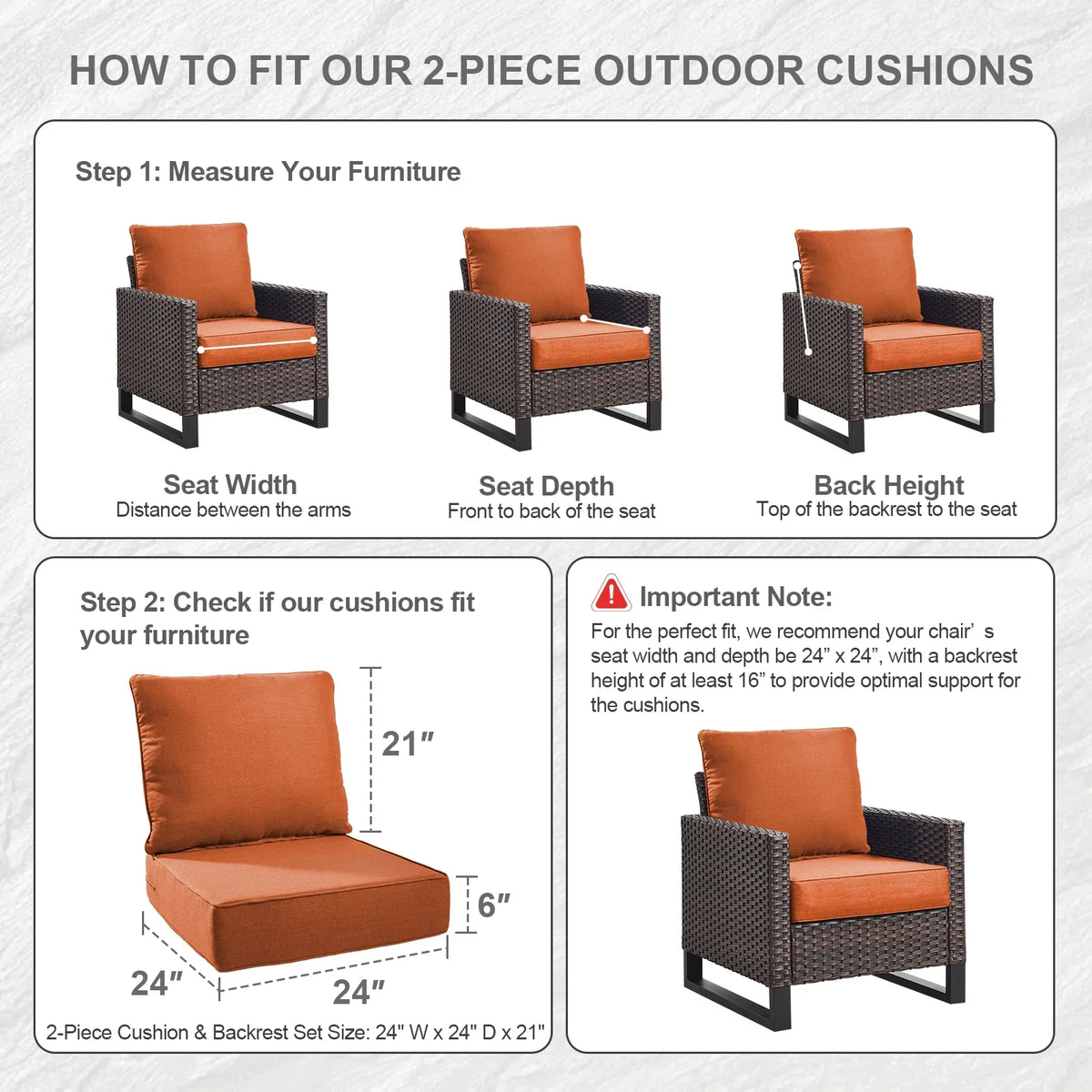 Bellefurn Outdoor Deep Seat Cushion 24 X 24 X 6 inch for Patio Furniture,Outdoor Chair Cushions Waterproof & Fade Resistant Patio Furniture Cushions for Wicker Chair, Sofa, Couch