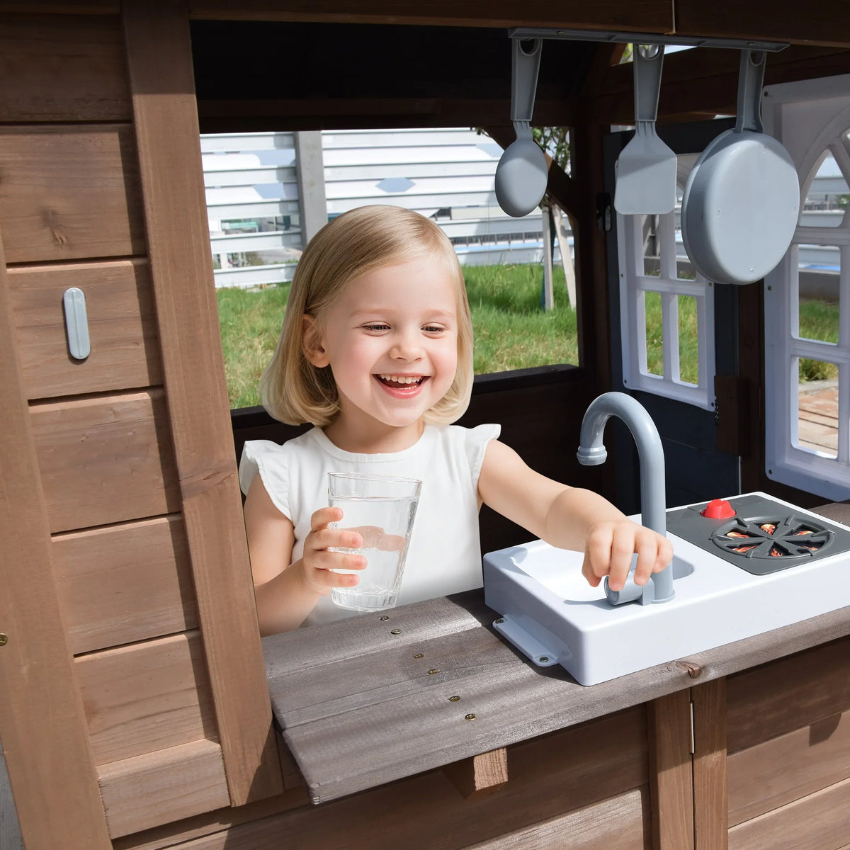COCLUB Outdoor Playhouse, Wooden Playhouse for Kids Toddlers, Large Kids Playhouse with Bench/Fence/Kitchen/Door Nameplate/Pretend Phone, Girls Boys Outdoor Toy Gift for Ages 3+, (62.99"W* 67.32"L)