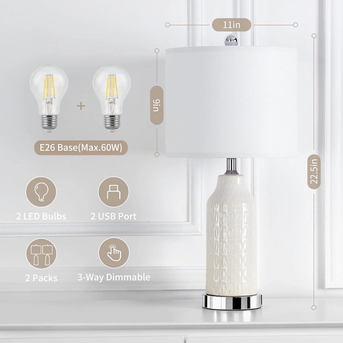 Cinkeda Table Lamp Set of 2 for Living Room Bedroom with USB Ports AC Outlet 3 Way Dimmable Touch Nightlight Farmhouse White Floral Nightstand Bedside Lamps