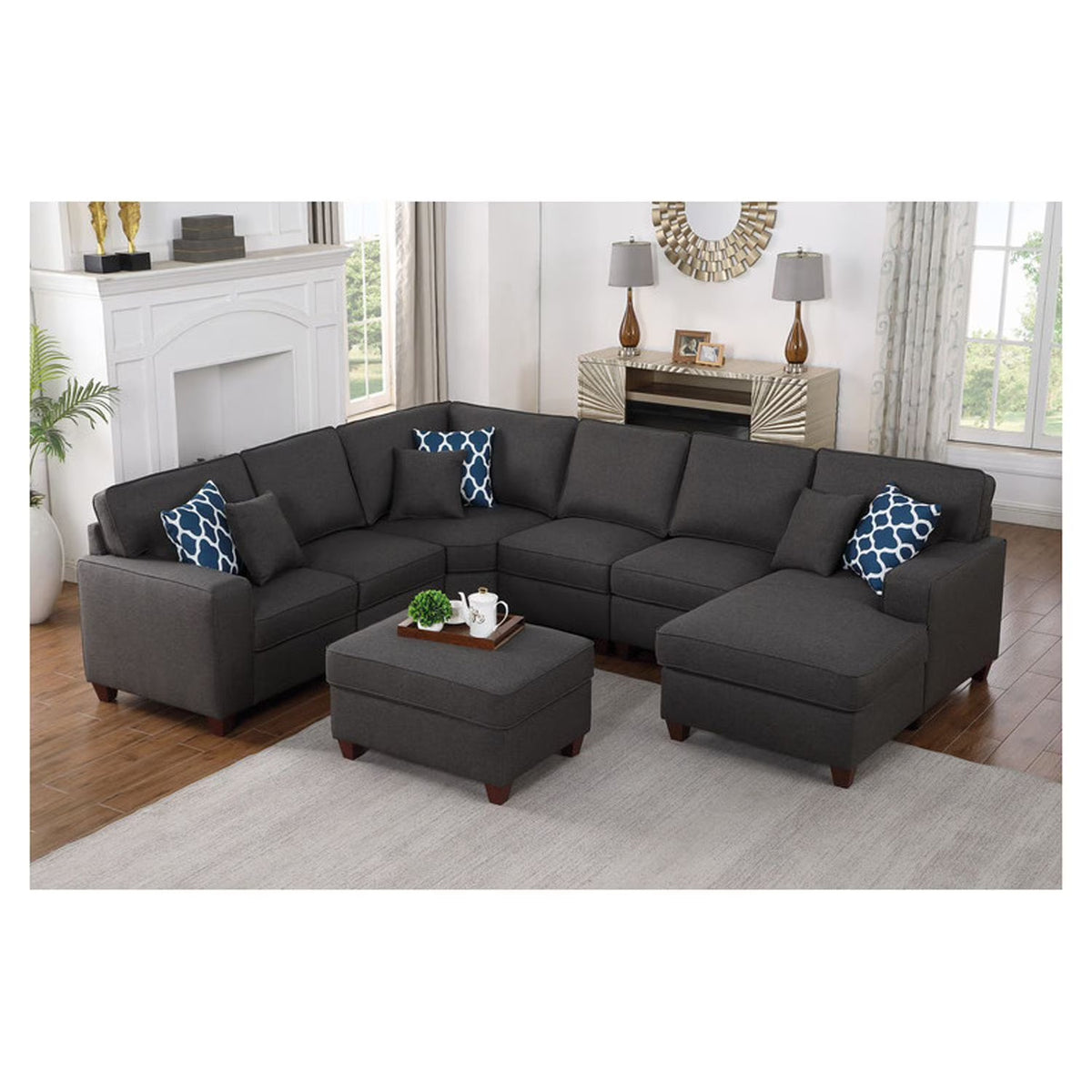 Devion Furniture 7-Piece Upholstered Modern Fabric Sectional in Light Gray
