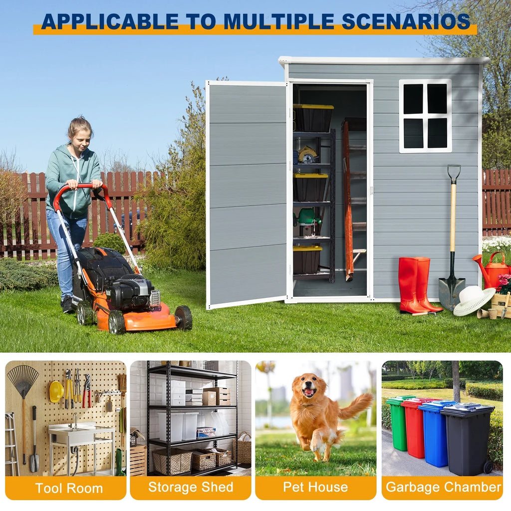 5'��3' Outdoor Storage Shed, Resin Storage Cabinet, Garden Tool Shed with Double Lockable Doors, Organizer Cabinet for Patio Yard, Gray