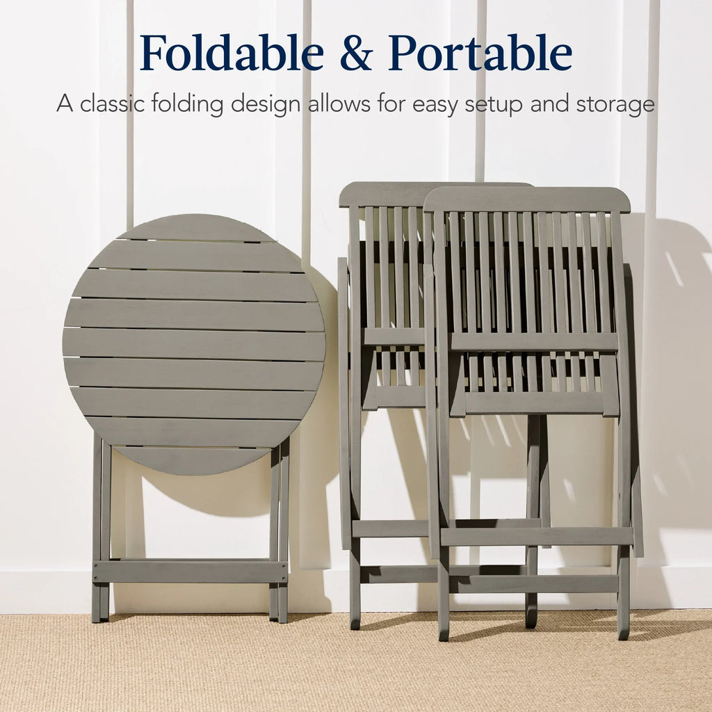 Best Choice Products 3-Piece Acacia Wood Bistro Set, Folding Patio Furniture w/ 2 Chairs, Table - Natural