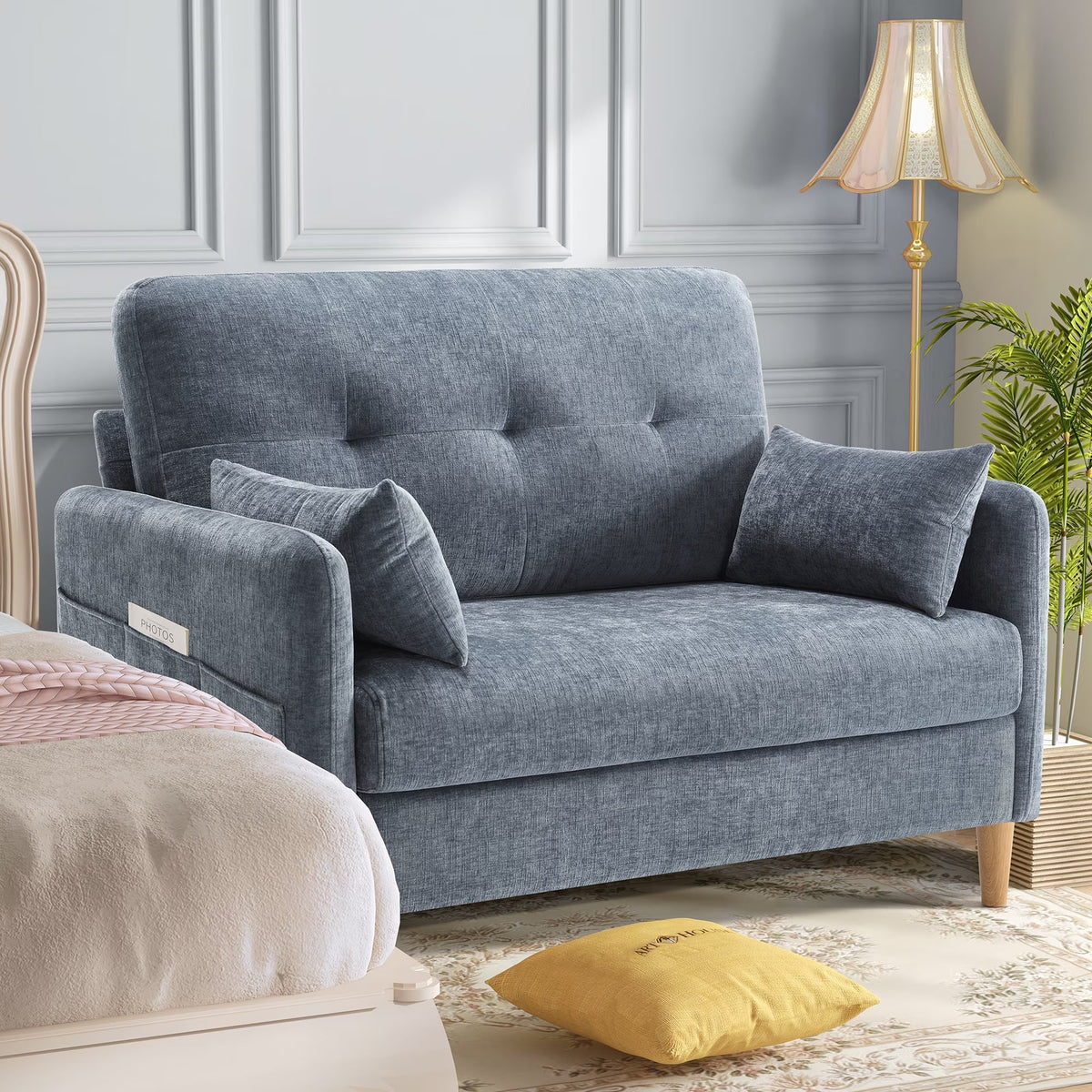 BedLuxury 47'' Wide LoveSeat, 2-seat Chenille sofa with 2 Pillows for Living Room and Small Spaces, Dark Grey
