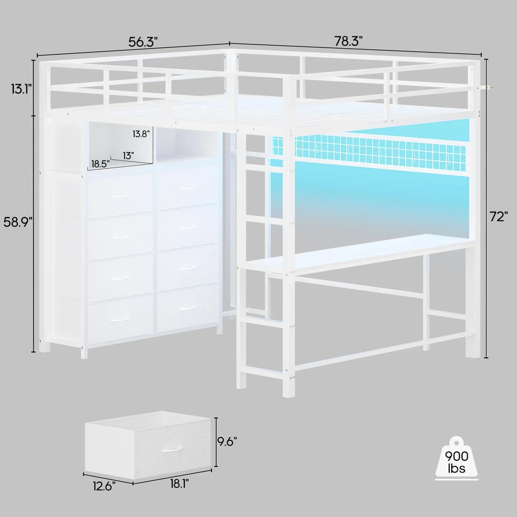 Afuhokles Twin Size Loft Bed with Desk and 8 Storage Drawers and Charging Station, Metal Loft Bed Twin with LED Lights, Storage Shelves, Black