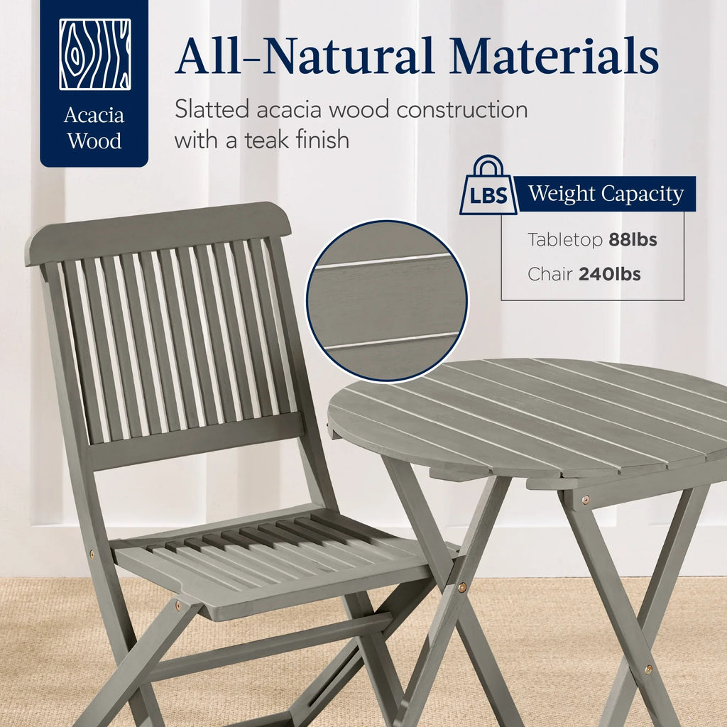 Best Choice Products 3-Piece Acacia Wood Bistro Set, Folding Patio Furniture w/ 2 Chairs, Table - Natural