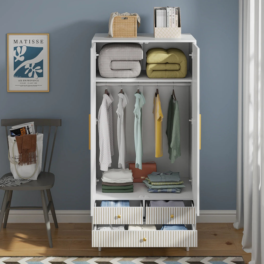 Armoire Wardrobe Closet, Closet Wardrobe Cabinet with Drawers and Hanging Rail for Bedroom, White
