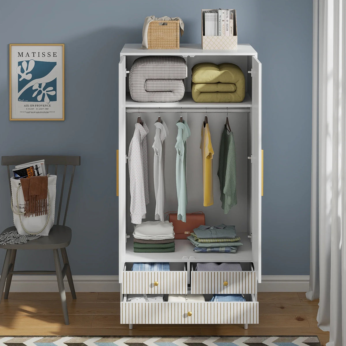 Armoire Wardrobe Closet, Closet Wardrobe Cabinet with Drawers and Hanging Rail for Bedroom, White