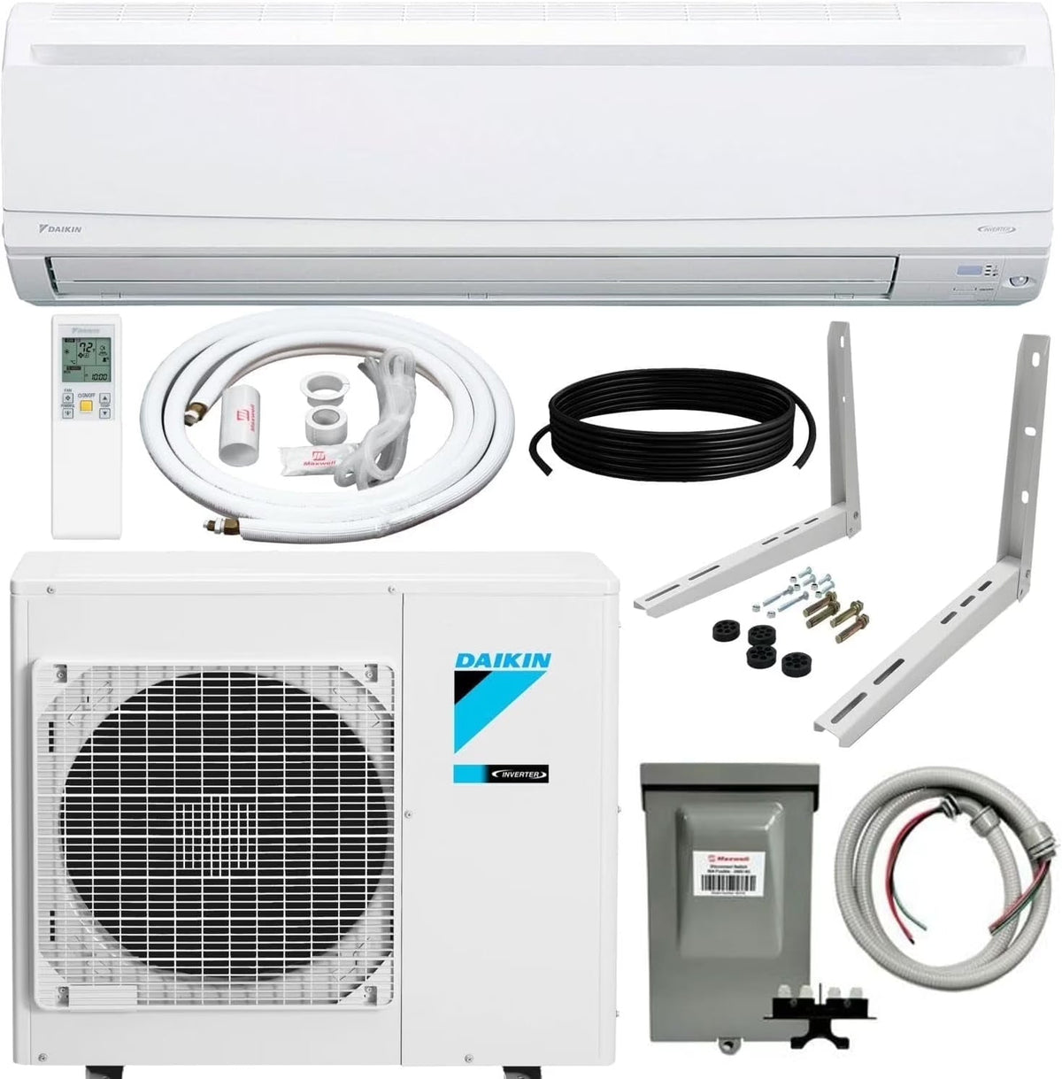 Daikin 15,000 Btu 20 SEER2 LV Series Ductless Mini-Split Wall Mount Heat Pump Air Conditioner with 15' Installation Kit, Wall Bracket, 1/2 Electric Whip, 30A Fuse -230V