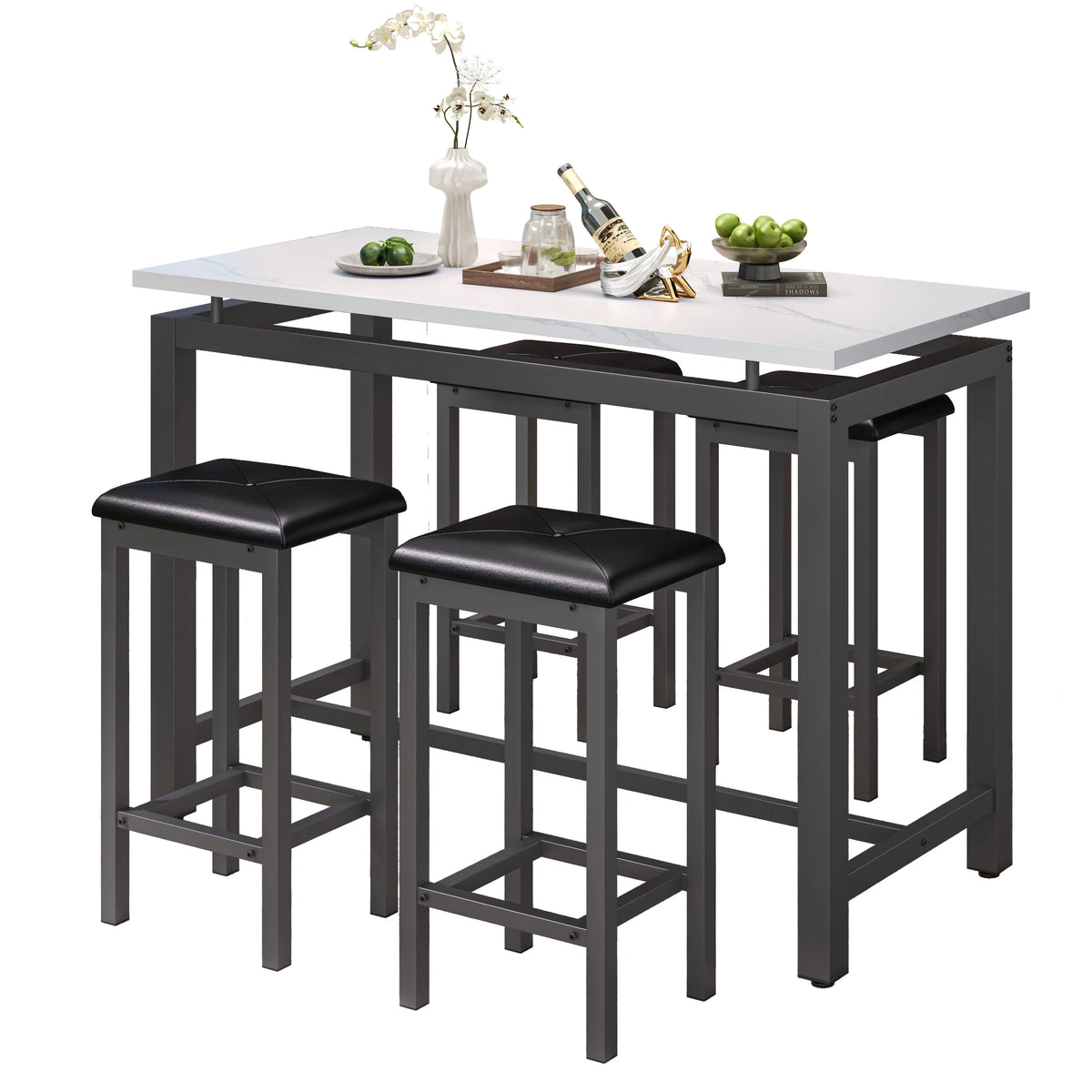 Counter Height Table Set of 5, Breakfast Bar Table and Stool Set, Minimalist Dining Table with Backless Stools, Wood Top Pub Table & Chair Set for Kitchen Apartment Bistro - Space Saving