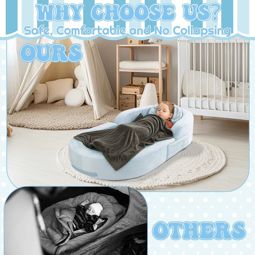 Coumy Toddler Travel Bed 2-in-1 Kids Sofa Chair with Removable Cover, Soft Foam Portable Foldable Toddler Bed for Travel with Carrying Bag, Blue