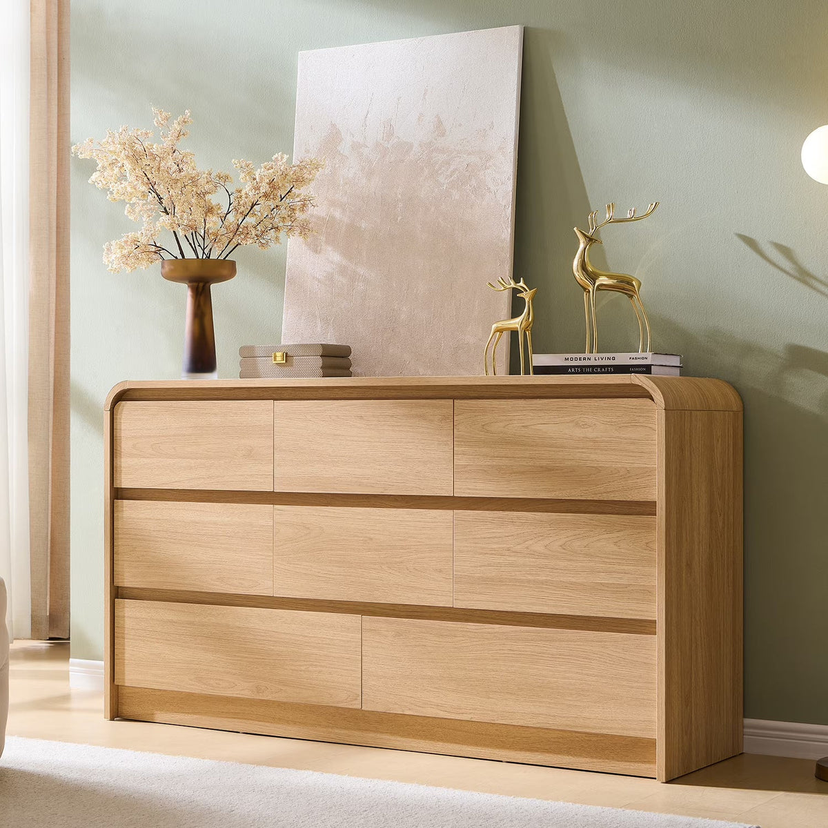 wow97e Modern 8 Drawers Dresser for Bedroom, 55" Wide Wood Chest of Drawers w/Curved Profile Design, for Bedroom, Living Room, Natural Oak