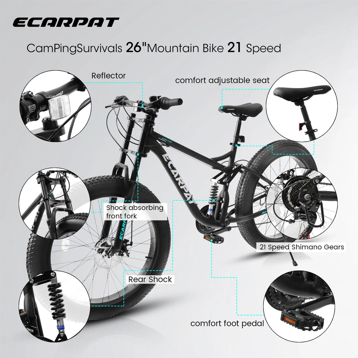Ambifirner 26" Fat Tire Mountain Bike with Full Suspension - 4" Wide All-Terrain Tires & Shimano 21-Speed Drivetrain - Outdoor Bike for Men/Women 85% Pre-Assembled Durable Design