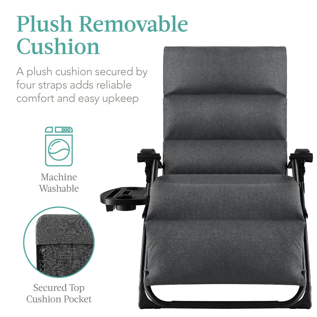 Best Choice Products Oversized Zero Gravity Chair, Folding Recliner w/ Removable Cushion, Side Tray - Fossil Gray