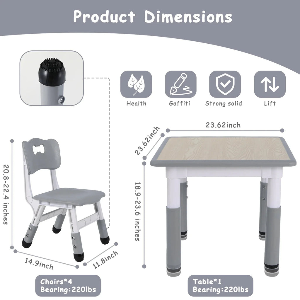 Arlopu 5 Pcs Kids Table and Chairs Set, Height Adjustable, Toddlers Activity Table & 4 Chairs Set for Study, Grey