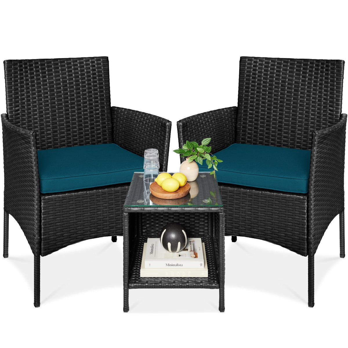 Best Choice Products 3-Piece Outdoor Wicker Conversation Patio Bistro Set, w/ 2 Chairs, Table - Gray/Navy