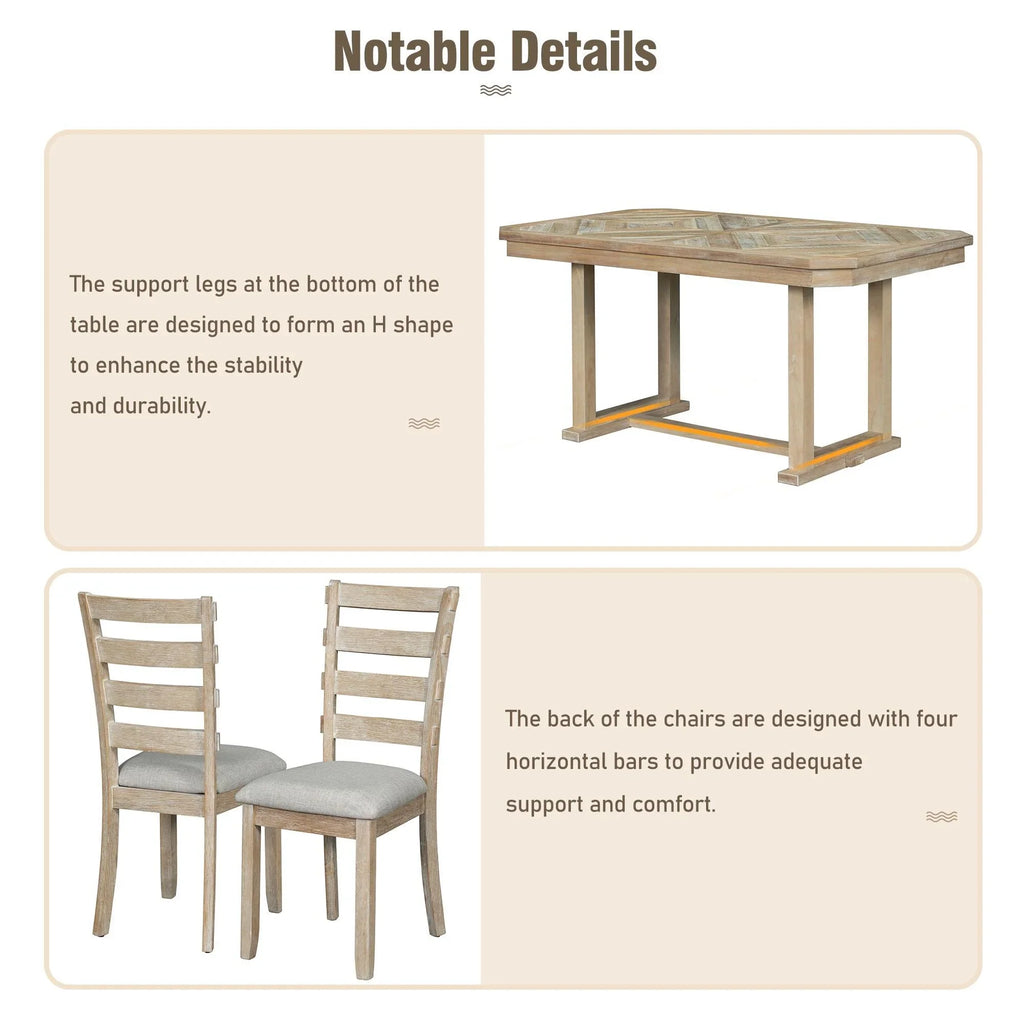 Bellemave 6-Piece Dining Table Set, Rubber Wood Rectangular Kitchen Table Set for 6, Farmhouse Dining Table Set with 4 Upholstered Chairs and Bench (Gray)