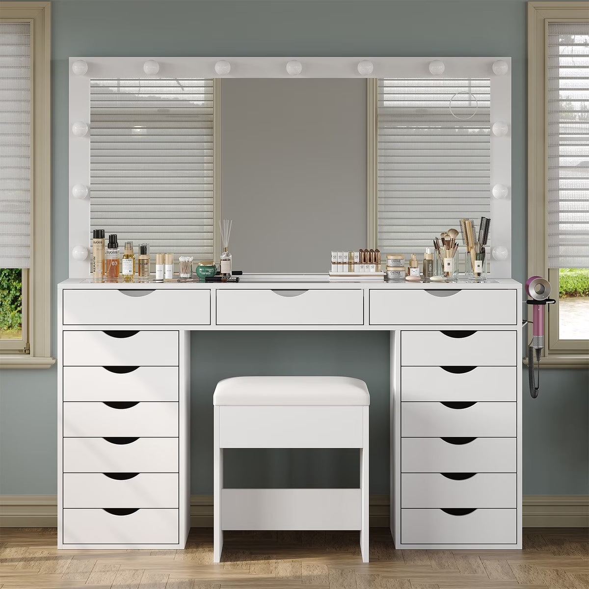 Yanosaku 15 Drawers Vanity Desk with Power Outlet, Makeup Table with Mirror and 13 LED Lights, 3 Color Lighting Modes, Brightness Adjustable, Glass Top Dressing Table, Vanity Set for Bedroom