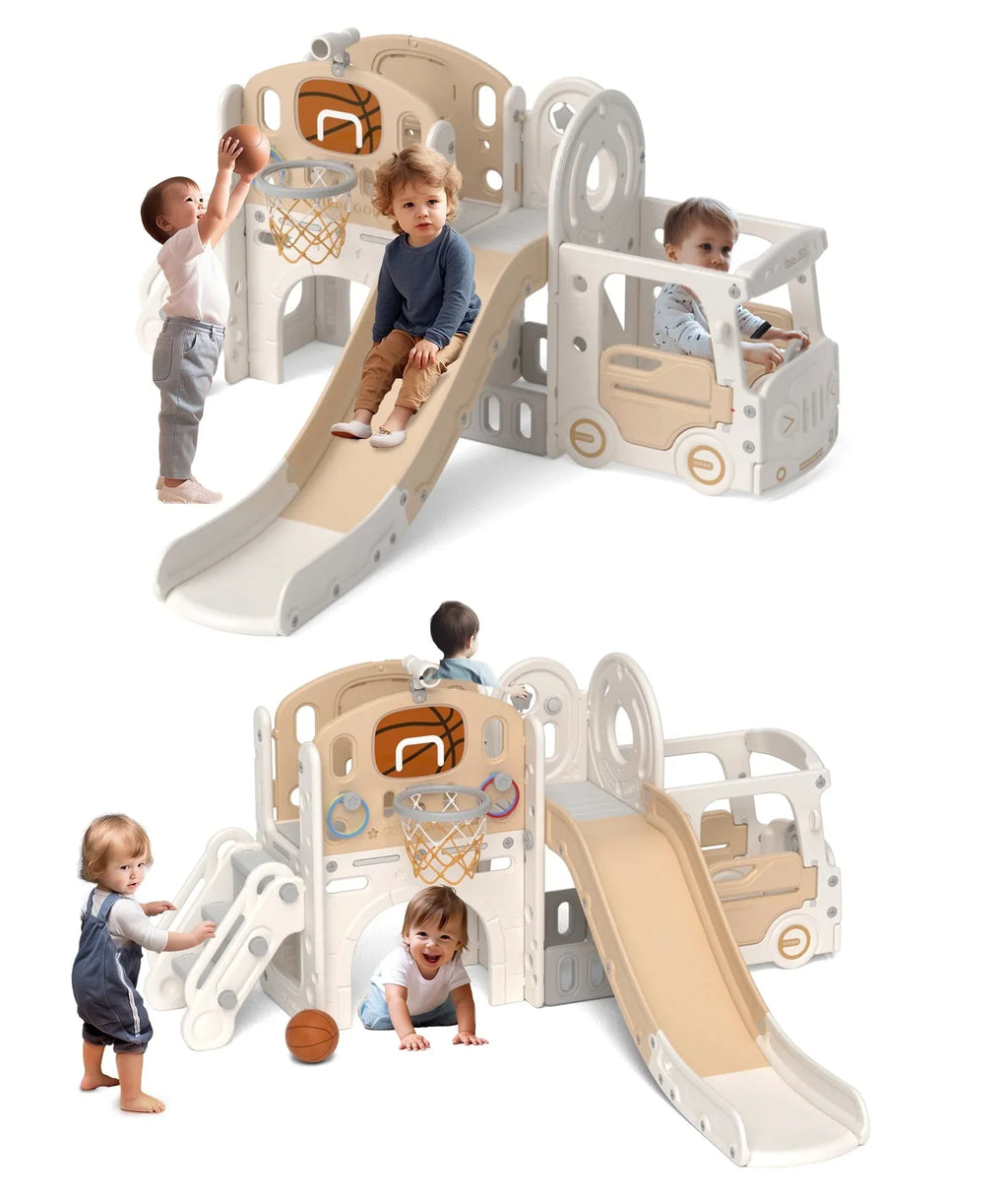 XJD 10 in 1 Toddler Slide, Kids Slide for Toddlers Age 1-3, Toddler Play Climber Slide Playset with Basketball Hoop and Ball, Toddlers Outdoor Indoor Playground(Beige+Coffee)