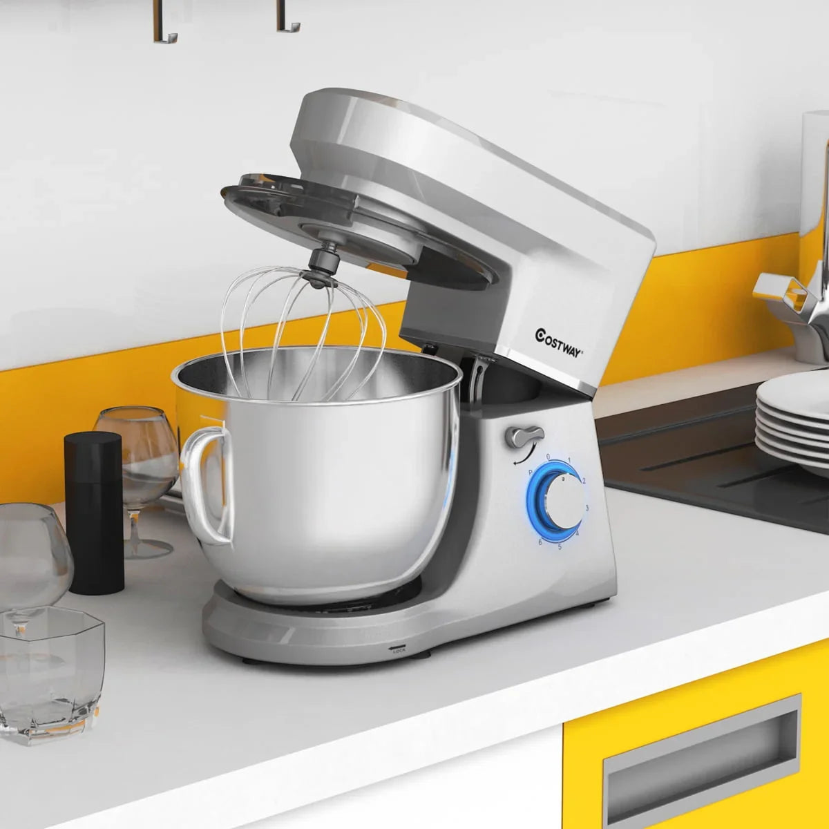 Costway Tilt-Head Stand Mixer 7.5 Qt 6 Speed 660W with Dough Hook, Whisk & Beater Silver