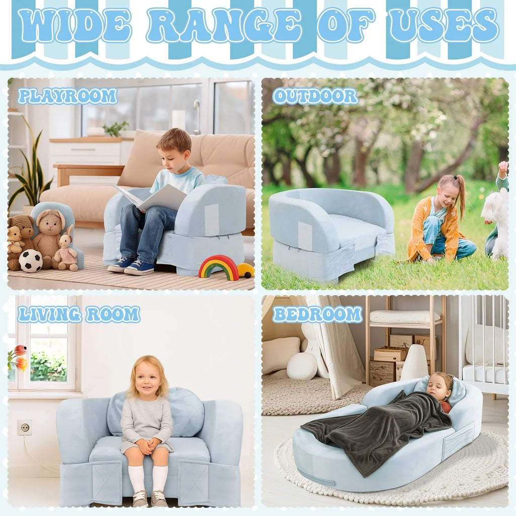 Coumy Toddler Travel Bed 2-in-1 Kids Sofa Chair with Removable Cover, Soft Foam Portable Foldable Toddler Bed for Travel with Carrying Bag, Blue