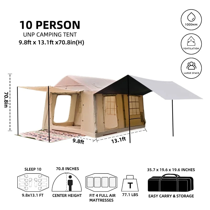 9.8' x 7' Inflatable Camping Tent,4 Season Blow up Tents for Camping, 4-6 Person Inflatable Tent with Stove Jack,Air Tents,Glamping Tent,Waterproof Luxury House with Mesh Window