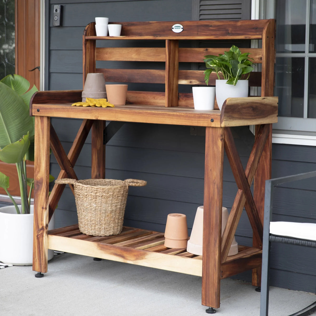 Backyard Discovery 47" Acacia Wood Garden Potting Bench & Serving Bar, Storage Shelf