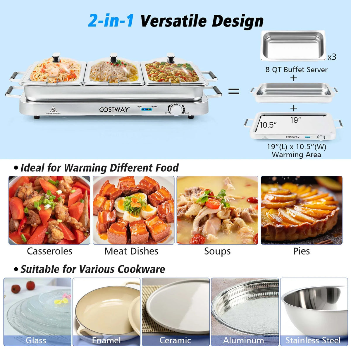 Costway Food Warmer Buffet Server 450W Stainless Steel Electric Warming Tray for Parties