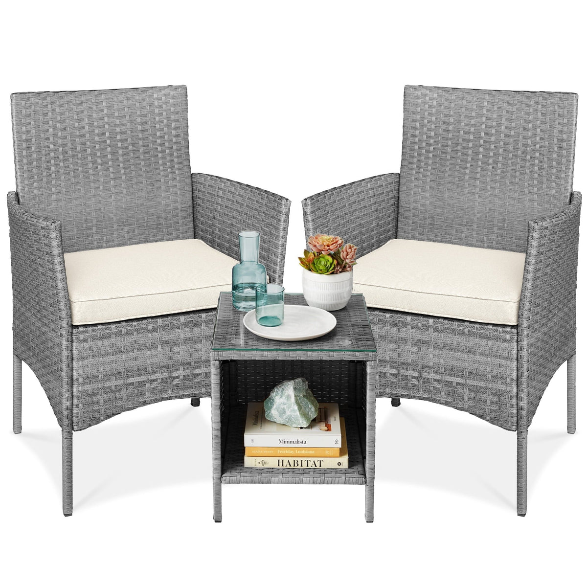 Best Choice Products 3-Piece Outdoor Wicker Conversation Patio Bistro Set, w/ 2 Chairs, Table - Gray/Navy