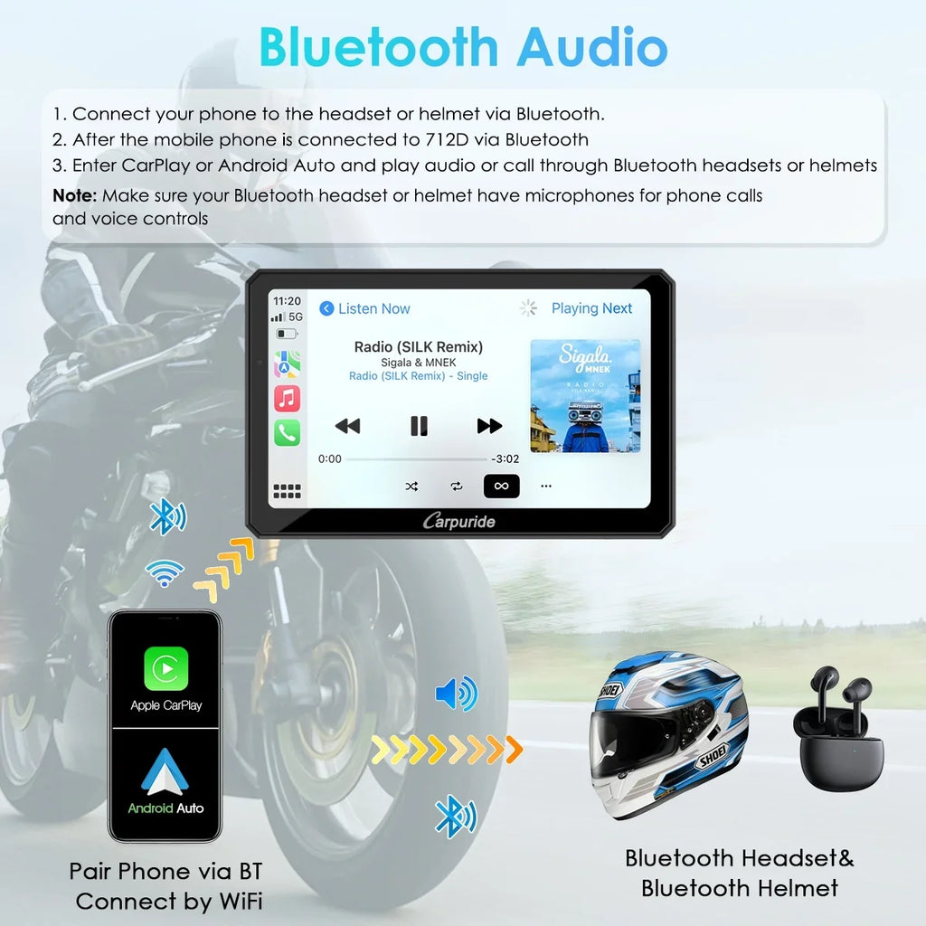 Carpuride Motorcycle HD Dual 1080P Dash Cam, Wireless Apple CarPlay & Android Auto Wire Control, Horizontal  Vertical Rotation 7" Touch Screen (712D)