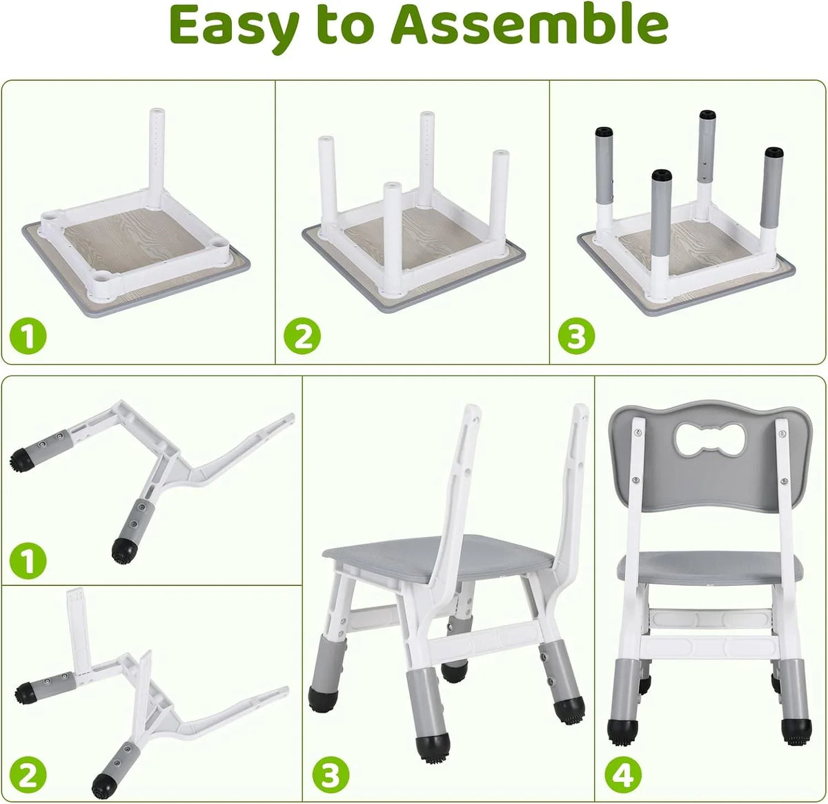 Arlopu 5 Pcs Kids Table and Chairs Set, Height Adjustable, Toddlers Activity Table & 4 Chairs Set for Study, Grey