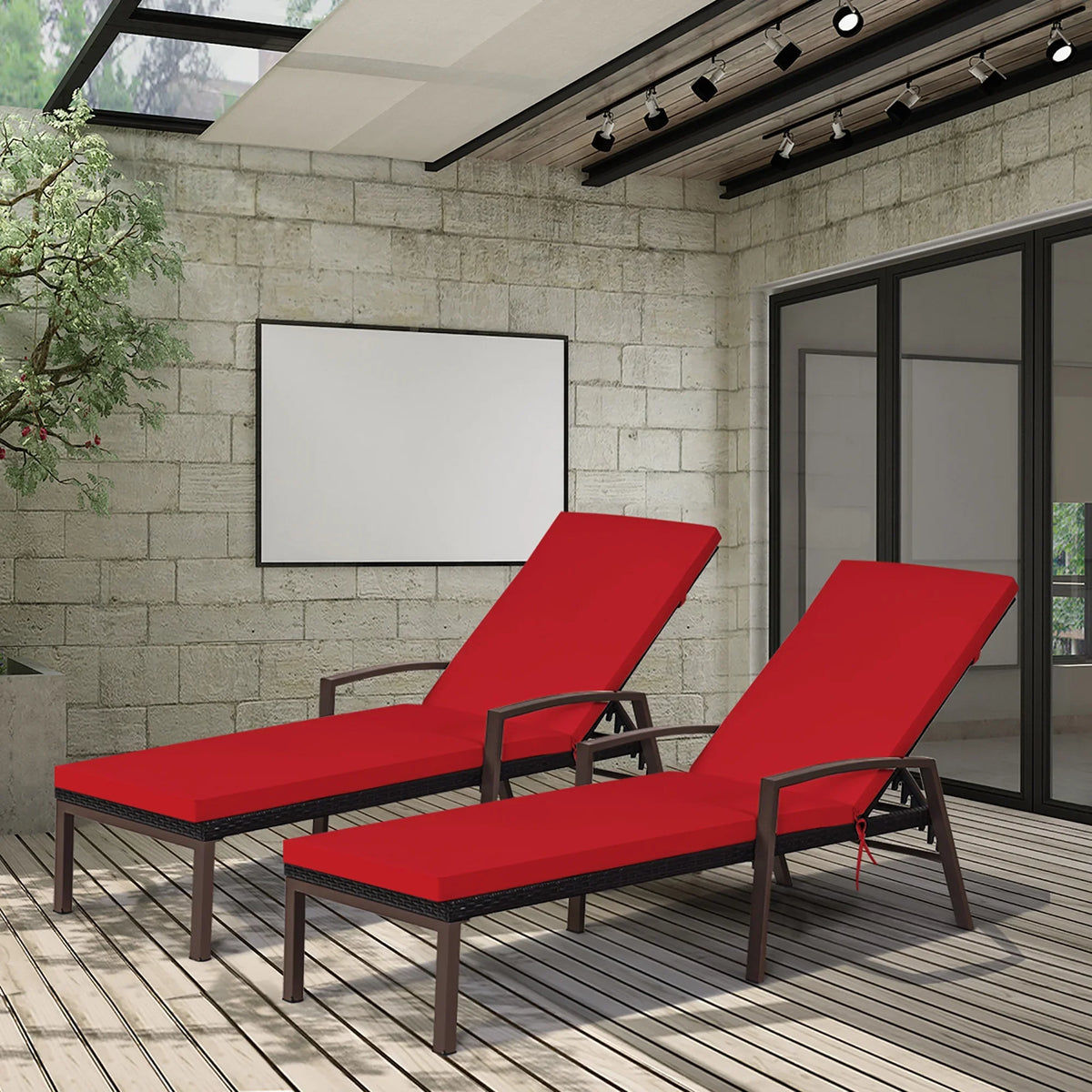 Costway 2PCS Patio Rattan Lounge Chair Chaise Recliner Back Adjustable Cushioned Red