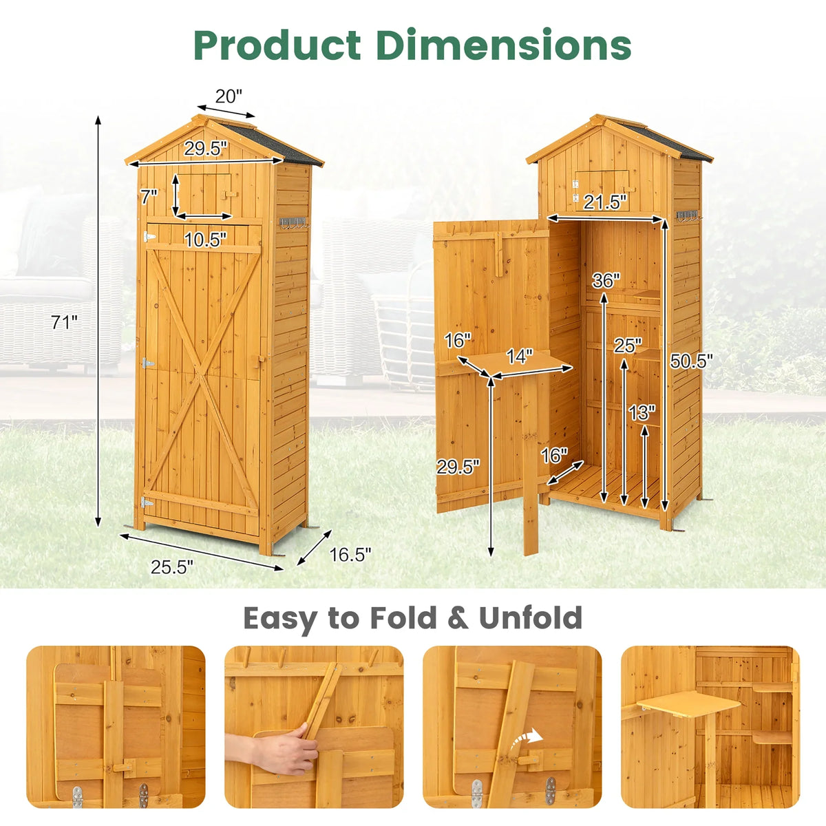 Costway Outdoor Lockable Wooden Storage Shed with Shelves, 71"x29.5"x20", Natural
