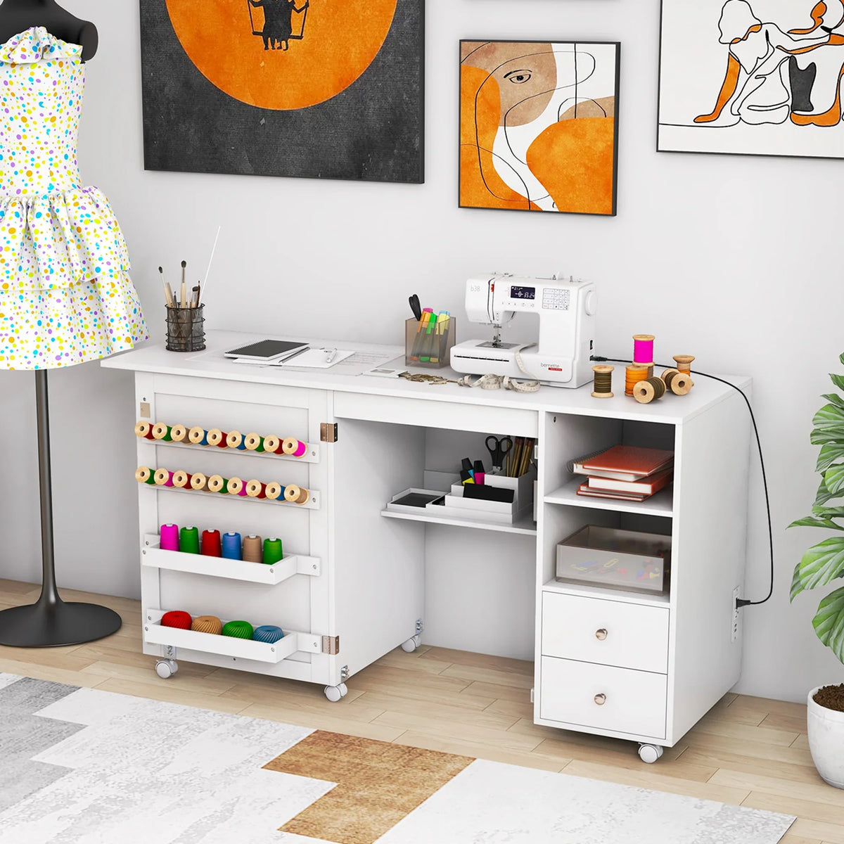 Costway Folding Sewing Table Charging Station Multifunctional Sewing Machine Cart Table