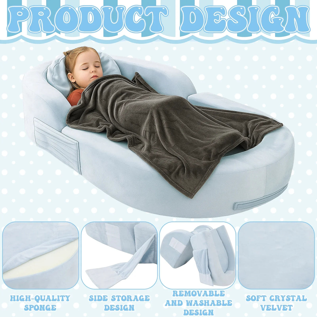 Coumy Toddler Travel Bed 2-in-1 Kids Sofa Chair with Removable Cover, Soft Foam Portable Foldable Toddler Bed for Travel with Carrying Bag, Blue