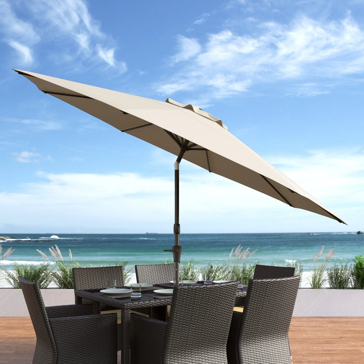 CorLiving 10 Foot Wind Resistant Patio Umbrella, Outdoor Parasol with Crank Tilt, Round Market Umbrella for Patio, Umbrella with Crank, Tilt Umbrella, Outdoor Umbrella, White